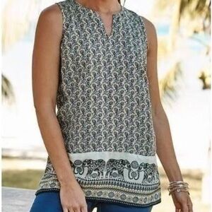 J. JILL Women's Linen Sleeveless Top Paisley Elephant Blue Gold XS Petite